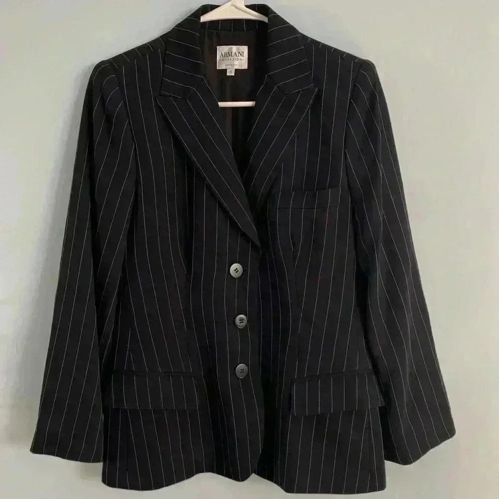Armani Collezioni Women’s Wool Blend Pinstriped Black‎ Blazer Size 12